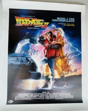 MICHAEL J FOX CHRISTOPHER LLOYD SIGNED 16X20 CANVAS PHOTO BACK TO THE FUTURE BAS 523