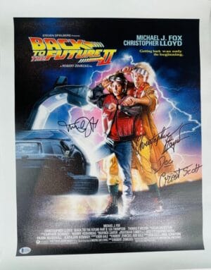 MICHAEL J FOX CHRISTOPHER LLOYD SIGNED 16X20 CANVAS PHOTO BACK TO THE FUTURE BAS 524