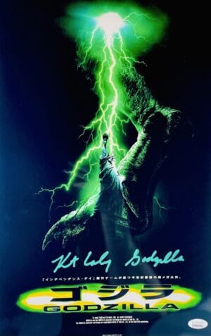 KURT CARLEY SIGNED GODZILLA 11X17 METALLIC PHOTO FOREIGN MINI MOVIE POSTER JSA 4