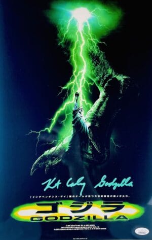 KURT CARLEY SIGNED GODZILLA 11X17 METALLIC PHOTO FOREIGN MINI MOVIE POSTER JSA 3