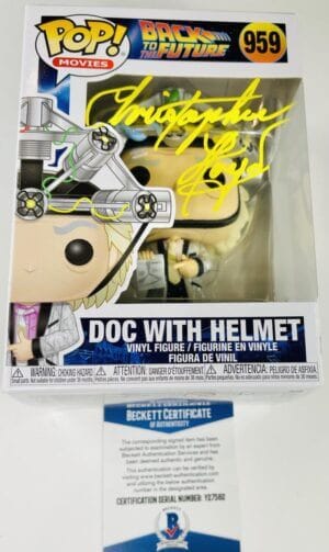 CHRISTOPHER LLOYD SIGNED DOC WITH HELMET FUNKO 959 BACK TO THE FUTURE BAS 582