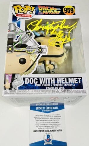 CHRISTOPHER LLOYD SIGNED DOC WITH HELMET FUNKO 959 BACK TO THE FUTURE BAS 581