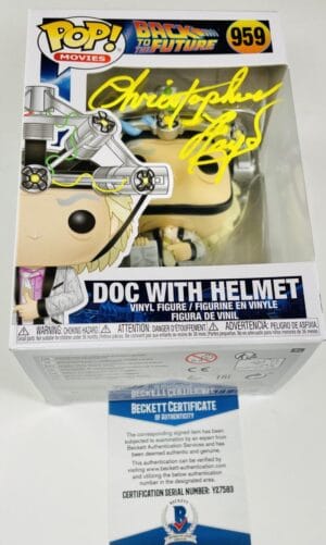 CHRISTOPHER LLOYD SIGNED DOC WITH HELMET FUNKO 959 BACK TO THE FUTURE BAS 583