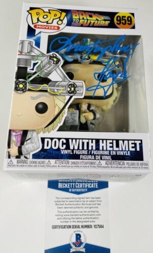 CHRISTOPHER LLOYD SIGNED DOC WITH HELMET FUNKO 959 BACK TO THE FUTURE BAS 584