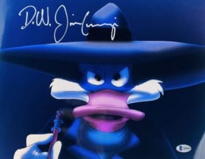 JIM CUMMINGS SIGNED DARKWING DUCK METALLIC 11X14 PHOTO DISNEY AUTOGRAPH BAS 056