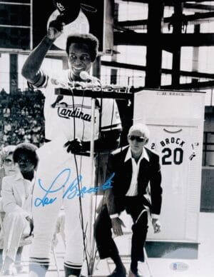 LOU BROCK SIGNED METALLIC 11X14 PHOTO ST. LOUIS CARDINALS HOF AUTOGRAPH BAS 389