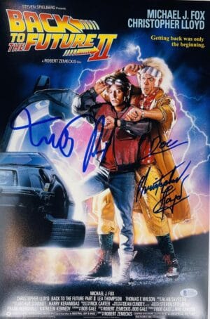 MICHAEL J FOX CHRISTOPHER LLOYD SIGNED 12X18 PHOTO BACK TO FUTURE BTTF BAS 543