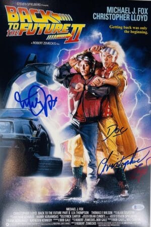 MICHAEL J FOX CHRISTOPHER LLOYD SIGNED 12X18 PHOTO BACK TO FUTURE BTTF BAS 540
