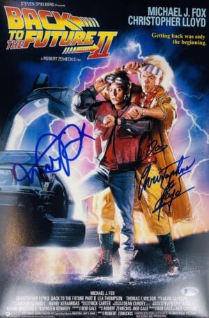 MICHAEL J FOX CHRISTOPHER LLOYD SIGNED 12X18 PHOTO BACK TO FUTURE BTTF BAS 542