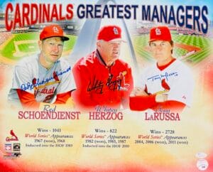 RED SCHOENDIENST TONY LARUSSA WHITEY HERZOG SIGNED 16X20 PHOTO CARDINALS JSA 785