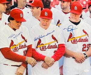 RED SCHOENDIENST TONY LARUSSA MARK MCGWIRE SIGNED 16X20 PHOTO CARDINALS JSA