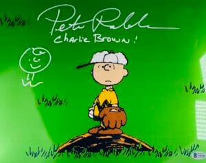 PETER ROBBINS SIGNED 11X14 METALLIC PHOTO CHARLIE BROWN BASEBALL SKETCH BAS 186