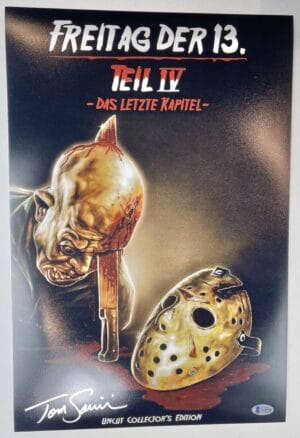 TOM SAVINI SIGNED 12X18 PHOTO JASON VOORHEES FRIDAY THE 13TH BAS 770