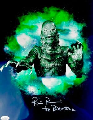 RICOU BROWNING SIGNED METALLIC11X14 PHOTO CREATURE FROM THE BLACK LAGOON JSA 32