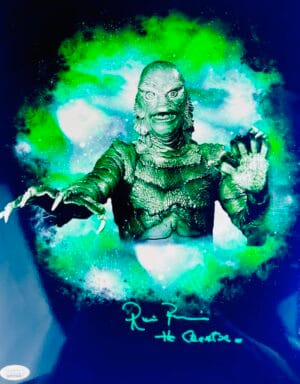 RICOU BROWNING SIGNED METALLIC11X14 PHOTO CREATURE FROM THE BLACK LAGOON JSA 09