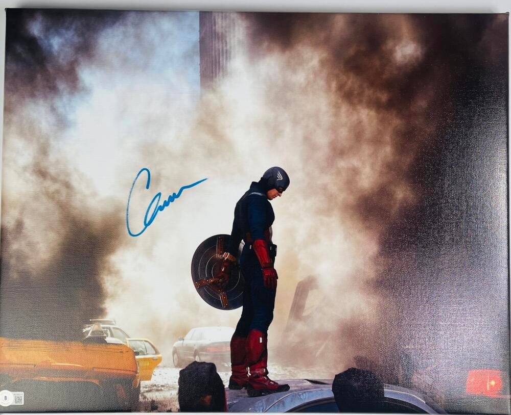 CHRIS EVANS SIGNED 16X20 CANVAS PHOTO CAPTAIN AMERICA AVENGERS MARVEL BAS 11