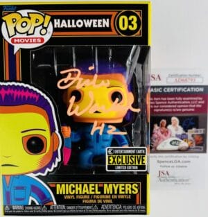 DICK WARLOCK SIGNED MICHAEL MYERS BLACK LIGHT FUNKO POP 03 HALLOWEEN EE JSA 793