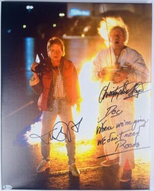 MICHAEL J FOX CHRISTOPHER LLOYD SIGNED 16X20 CANVAS PHOTO BACK TO THE FUTURE BAS 520