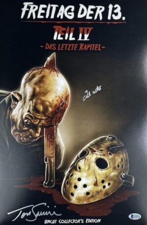 TED WHITE TOM SAVINI SIGNED FRIDAY THE 13TH 12X18 PHOTO JASON VOORHEES BAS 771