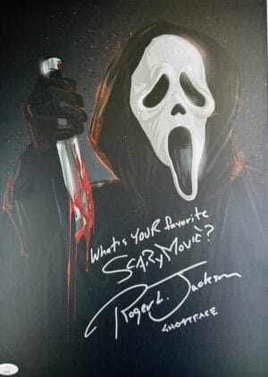 ROGER JACKSON SIGNED 11X17 GHOST FACE METAL DISPLATE PHOTO SCREAM AUTOGRAPH BAS
