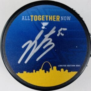 JORDAN BINNINGTON SIGNED ST. LOUIS BLUES FUND 2021 ALL TOGETHER NOW HOCKEY PUCK