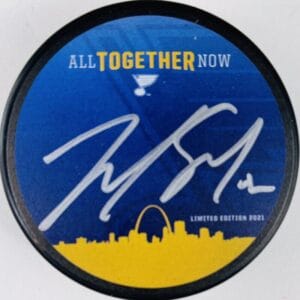 ZACH SANFORD SIGNED ST. LOUIS BLUES 14 FUND 2021 ALL TOGETHER NOW HOCKEY PUCK