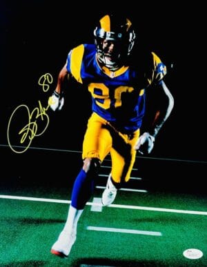 ISAAC BRUCE SIGNED 11X14 PHOTO ST. LOUIS RAMS 1999 SUPER BOWL AUTOGRAPH JSA 765