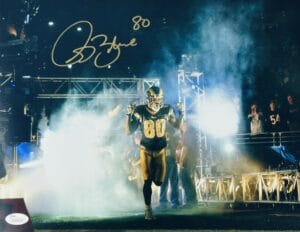 ISAAC BRUCE SIGNED 11X14 PHOTO ST. LOUIS RAMS 1999 SUPER BOWL AUTOGRAPH JSA 759