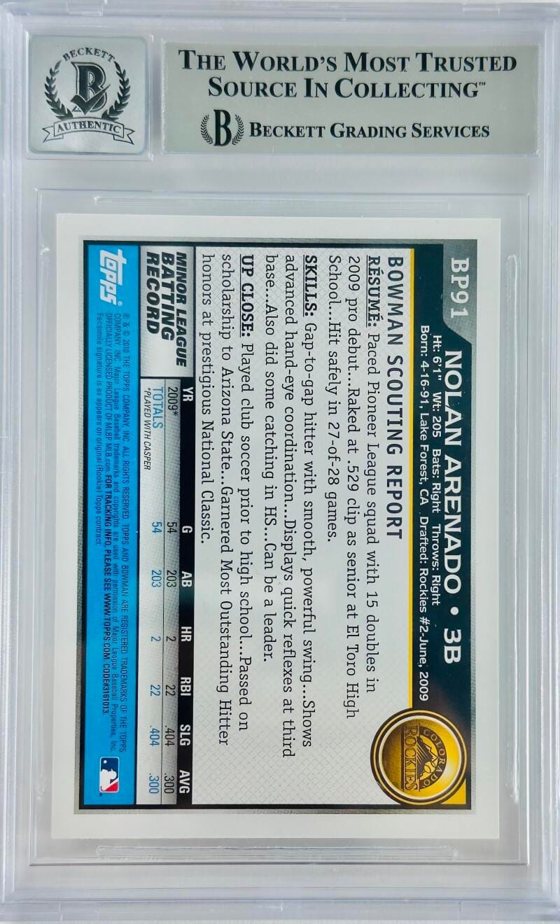 Nolan Arenado Signed 2010 Bowman Prospects Rookie Rc Card Cardinals Bas Slab 10 - Image 2