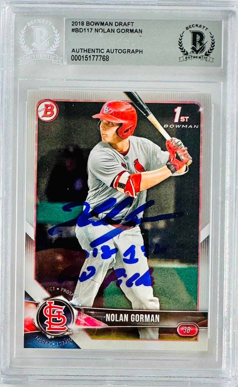 NOLAN GORMAN SIGNED INSCRIBED 2018 BOWMAN DRAFT CARD ROOKIE RC CARDINALS BAS