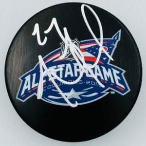 JUSTIN FAULK SIGNED 2015 ALL STAR GAME PUCK CAROLINA HURRICANES BLUES COA J2