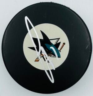 THOMAS GREISS SIGNED SAN JOSE SHARKS HOCKEY PUCK SHARKS ISLANDERS AUTOGRAPH J1