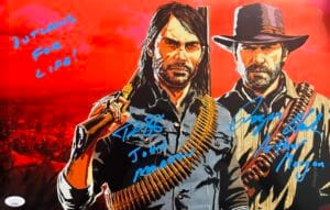 ARTHUR MORGAN JOHN MARSTON SIGNED RED DEAD REDEMPTION METALLIC PHOTO JSA 843