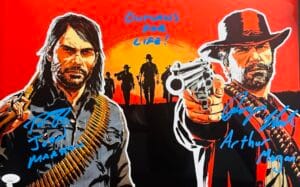 ARTHUR MORGAN JOHN MARSTON SIGNED RED DEAD REDEMPTION METALLIC PHOTO JSA 841