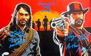 ARTHUR MORGAN JOHN MARSTON SIGNED RED DEAD REDEMPTION METALLIC PHOTO JSA 840
