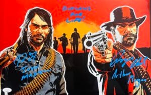 ARTHUR MORGAN JOHN MARSTON SIGNED RED DEAD REDEMPTION METALLIC PHOTO JSA 839
