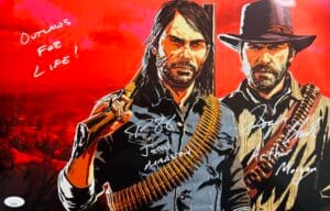 ARTHUR MORGAN JOHN MARSTON SIGNED RED DEAD REDEMPTION METALLIC PHOTO JSA 834