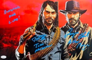 ARTHUR MORGAN JOHN MARSTON SIGNED RED DEAD REDEMPTION METALLIC PHOTO JSA 837