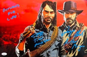 ARTHUR MORGAN JOHN MARSTON SIGNED RED DEAD REDEMPTION METALLIC PHOTO JSA 836