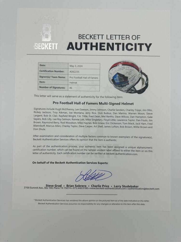 Jim Brown Dan Marino Joe Montana Jerry Rice Signed Hall Of Fame Full Size Helmet - Image 8