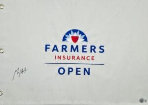 2023 WINNER MAX HOMA SIGNED FARMERS INSURANCE OPEN PIN FLAG AUTOGRAPH BAS K734