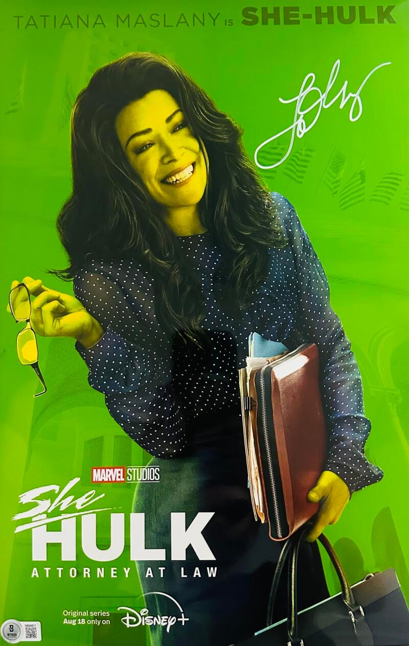 TATIANA MASLANY SIGNED SHE-HULK METALLIC 11X17 PHOTO SHE HULK AUTOGRAPH BAS 911