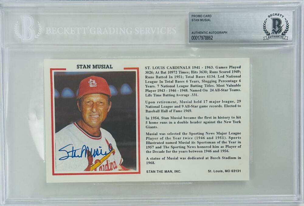 Stan Musial Signed Bas Slabbed Promo Card St Louis Cardinals Autograph K862