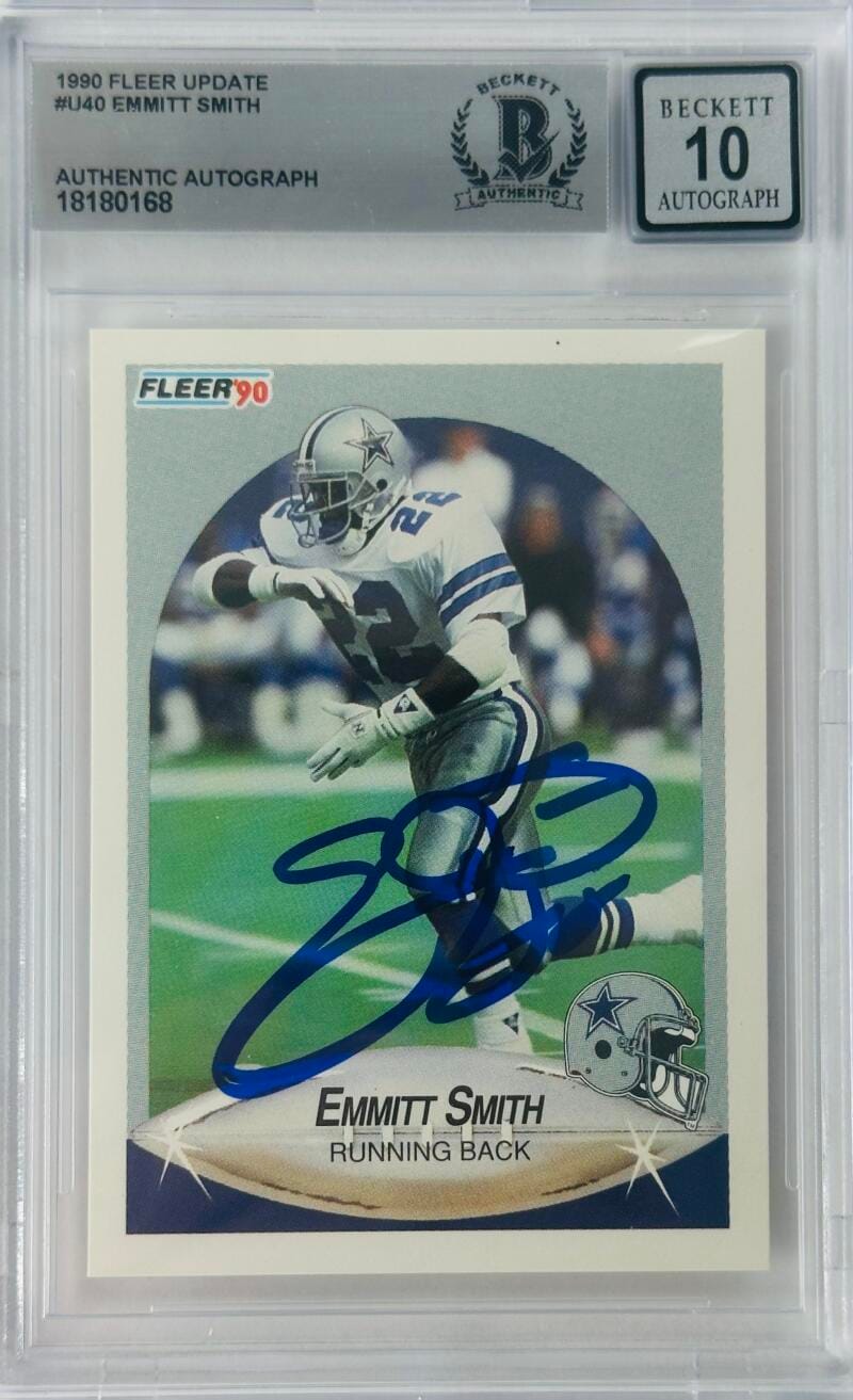 Emmitt Smith Signed 1990 Fleer Update Rookie Rc Dallas Cowboys Bas Slabbed 10 68
