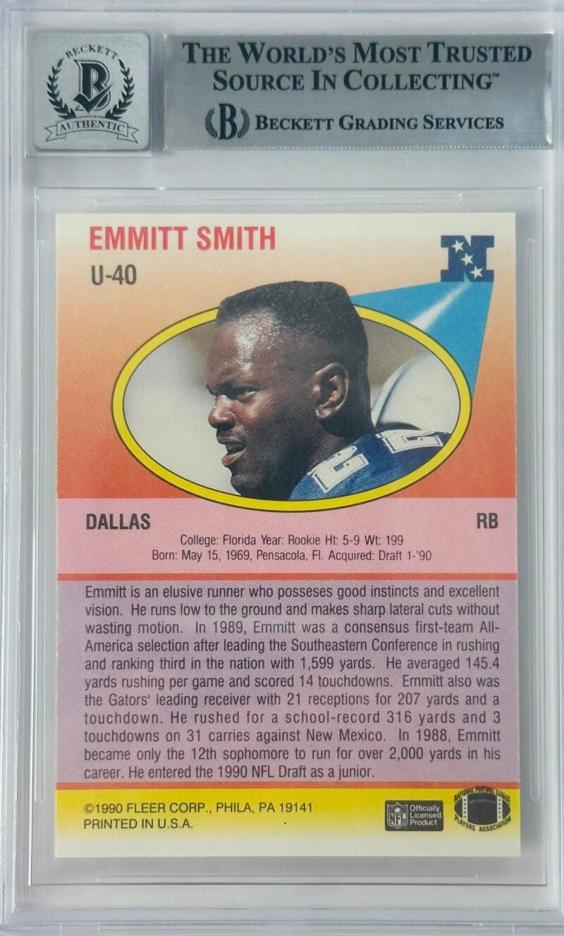 Emmitt Smith Signed 1990 Fleer Update Rookie Rc Dallas Cowboys Bas Slabbed 10 68 - Image 2