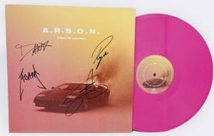 Story of the Year, Story of the Year autograph, Dan Marsala autograph, Ryan Phillips autograph, Adam Russell autograph, Josh Wills autograph, Story of the Year signed vinyl, ARSON vinyl record, limited edition pink vinyl, signed vinyl record, band signed vinyl, alternative rock memorabilia, post hardcore band autograph, rock band signed record, signed music vinyl