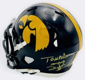 Gary Dolphin autograph, Gary Dolphin signed, Iowa Hawkeyes memorabilia, Big Ten memorabilia, signed mini helmet, Iowa Hawkeyes collectible, BAS authenticated, autographed mini helmet, radio broadcaster autograph, Big Ten football memorabilia, college football memorabilia, Hawkeyes collectible, mini helmet display, NCAA memorabilia, Iowa football broadcaster