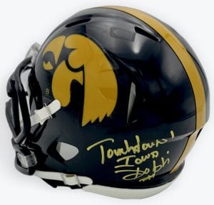 Gary Dolphin autograph, Gary Dolphin signed, Iowa Hawkeyes memorabilia, Big Ten memorabilia, signed mini helmet, Iowa Hawkeyes collectible, BAS authenticated, autographed mini helmet, radio broadcaster autograph, Big Ten football memorabilia, college football memorabilia, Hawkeyes collectible, mini helmet display, NCAA memorabilia, Iowa football broadcaster