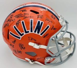 Illinois Fighting Illini team signed helmet, Katin Houser autograph, Bret Bielema autograph, 2026 Illinois Fighting Illini memorabilia, Big Ten memorabilia, multi-signed helmet, BAS authenticated, autographed helmet, Illini team collectible, Big Ten football memorabilia, college football memorabilia, Illini roster autograph, full size helmet display, team signed collectible, Illinois football autograph