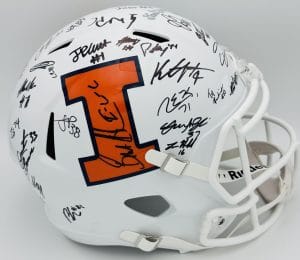 Illinois Fighting Illini team signed helmet, Katin Houser autograph, Bret Bielema autograph, 2026 Illinois Fighting Illini memorabilia, Big Ten memorabilia, multi-signed helmet, BAS authenticated, autographed helmet, Illini team collectible, Big Ten football memorabilia, college football memorabilia, Illini roster autograph, full size helmet display, team signed collectible, Illinois football autograph